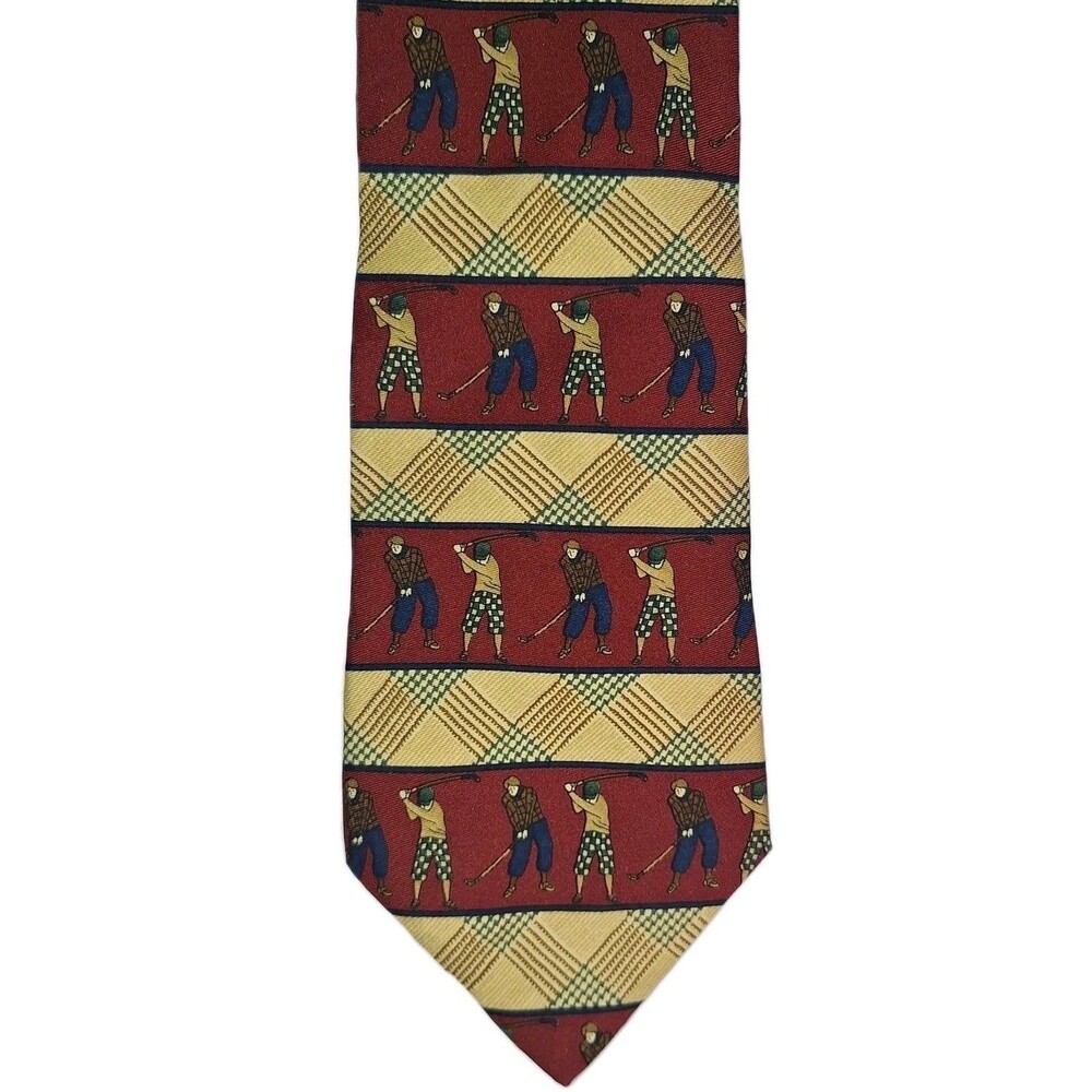 Tommy Hilfiger Golf Tie 100% Italian Silk 59"x4" Burgundy Tan Excellent Cond